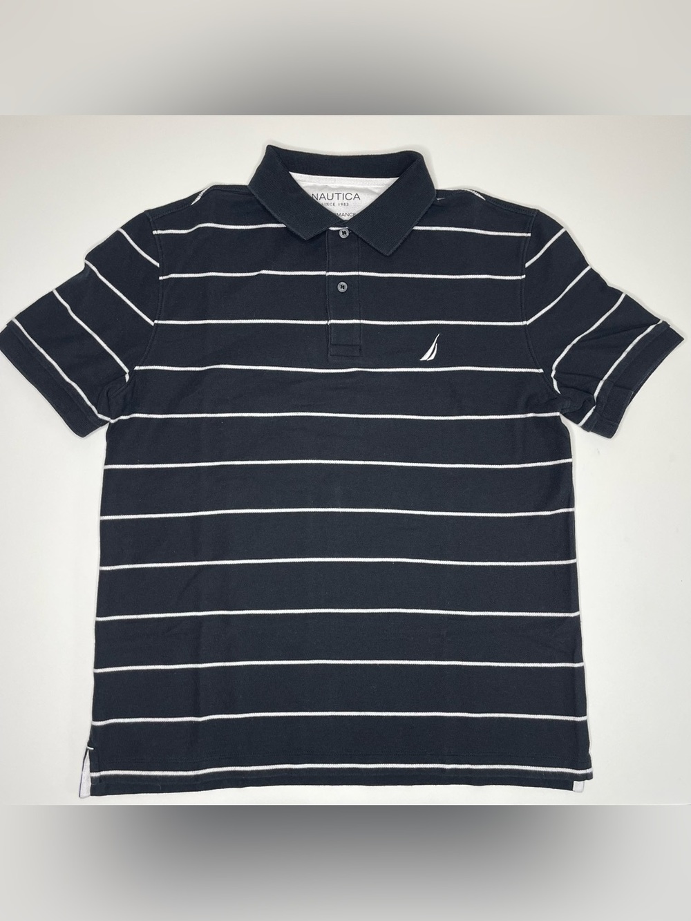 Men's Nautica Classic Fit Short-Sleeve Striped Polo Shirt Black & White MEDIUM